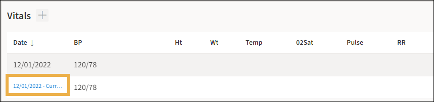 Vitals section with a yellow highlight box around the date hyperlink.